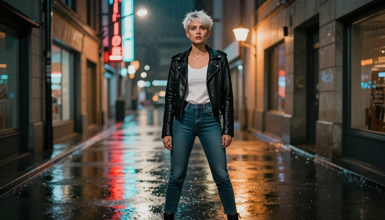 Bold woman in urban rainy nighttime setting, dramatic cinematic lighting AI art