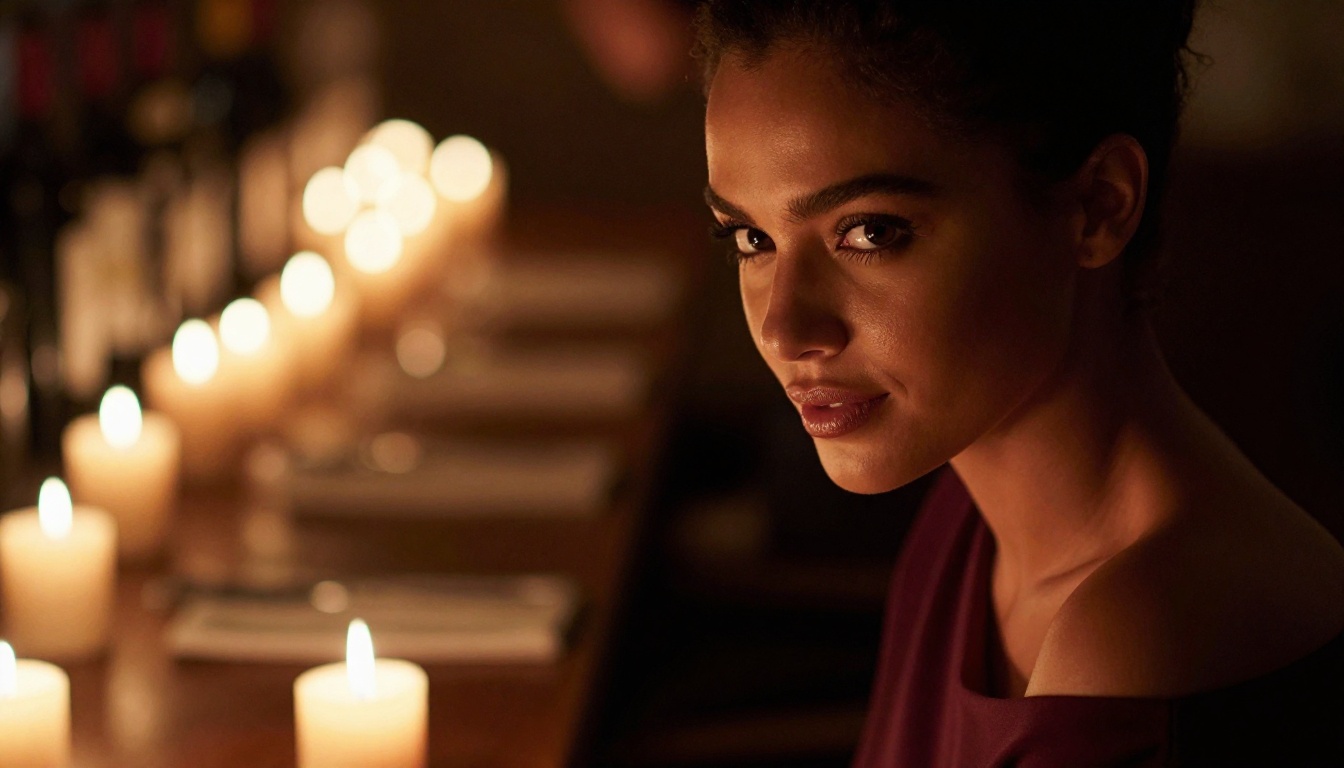 Intimate candlelit portrait with chiaroscuro shadows, warm amber bokeh, dark olive skin and brown eyes