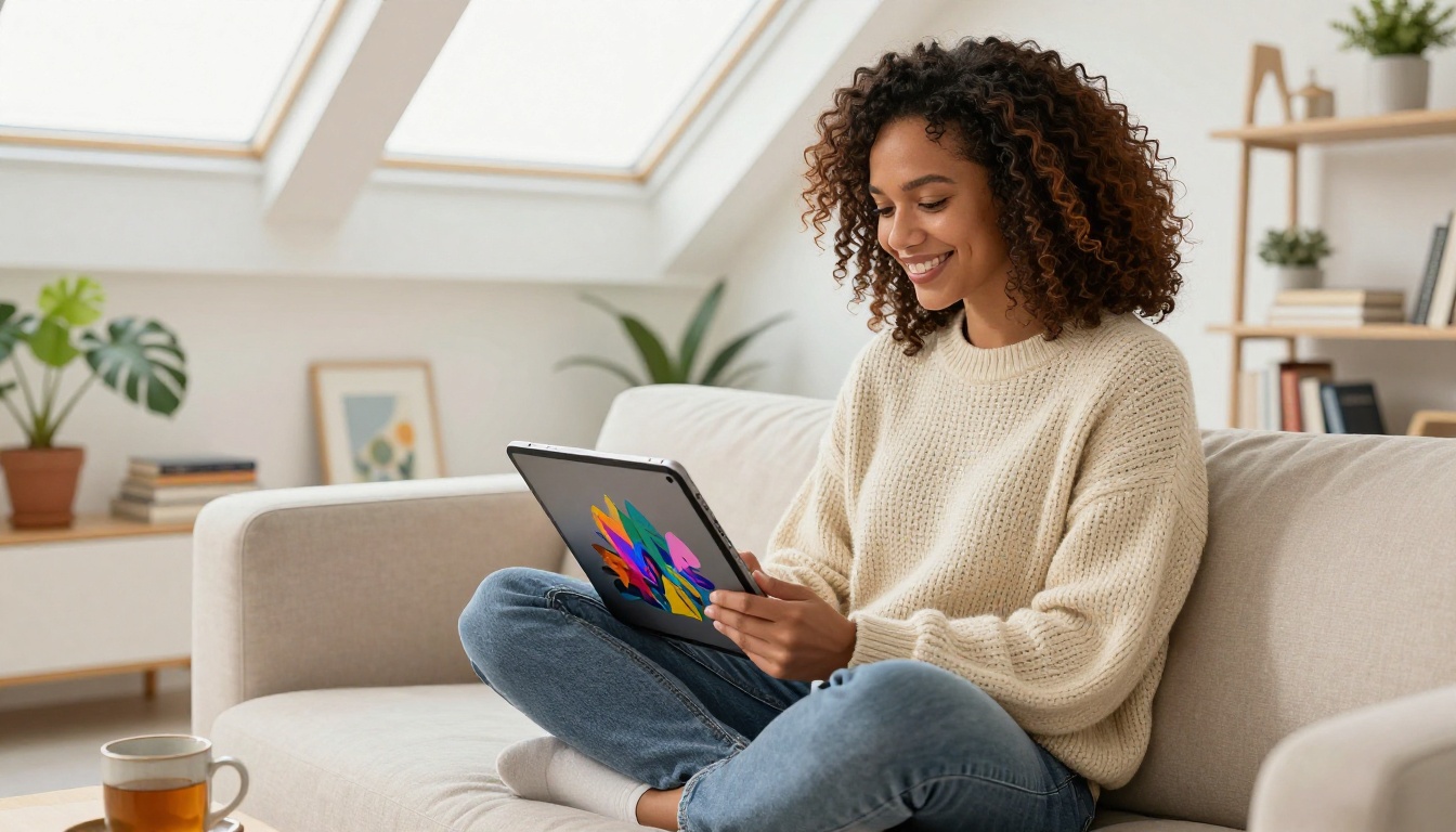 Creative woman generating AI art on tablet, inspired and joyful