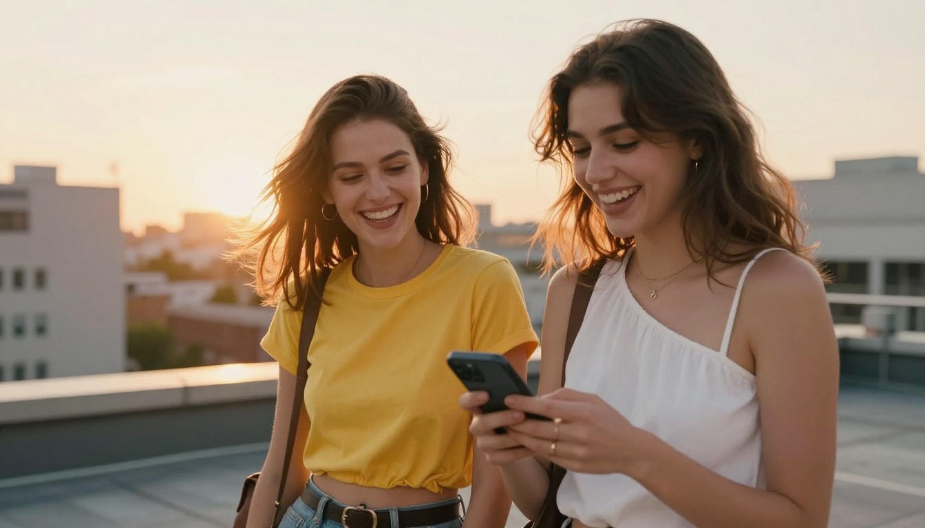 Two women on city rooftop laughing with smartphones
