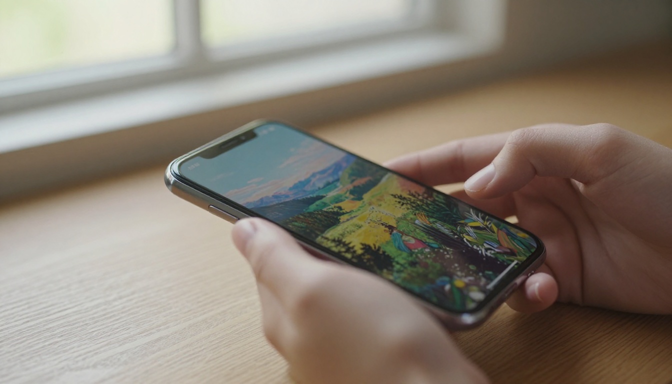 Close-up of hands holding smartphone with AI art on screen