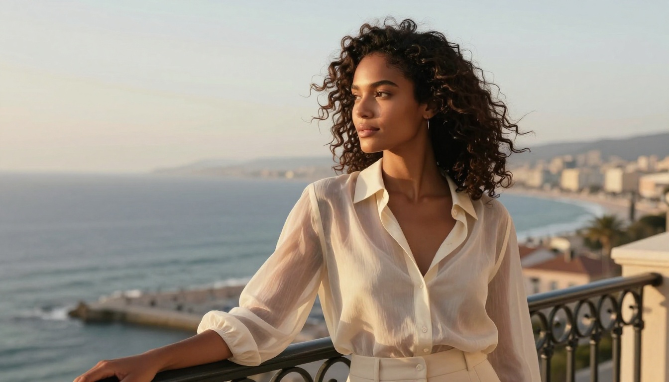 Glamorous woman on coastal balcony at afternoon