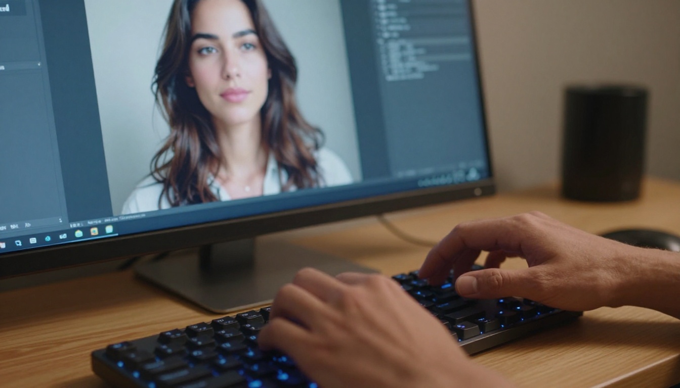 Hands typing a prompt on keyboard with AI image appearing progressively on monitor