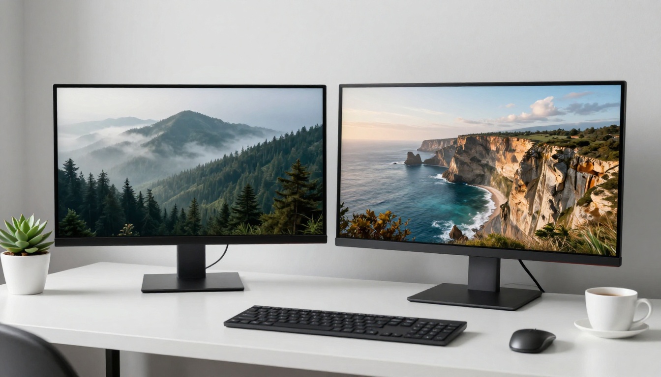 Side-by-side monitor comparison of AI-generated landscape images