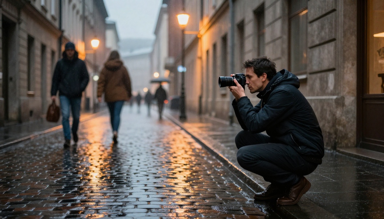 Male street photographer crouching on a wet cobblestone European alley at dusk, capturing a photo with warm lamp reflections