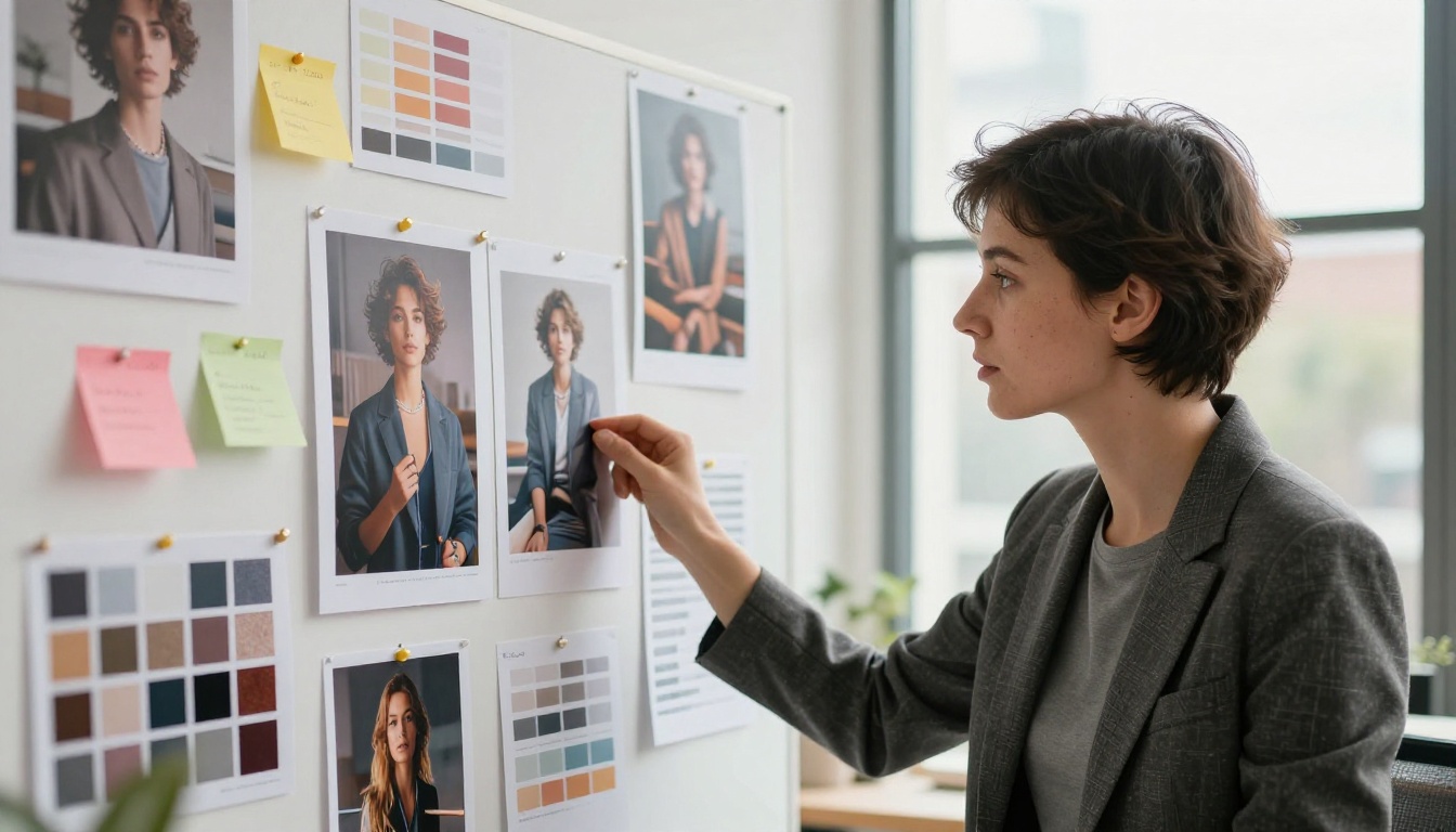 Art director with natural hair reviewing large printed AI-generated campaign photos on a studio mood board