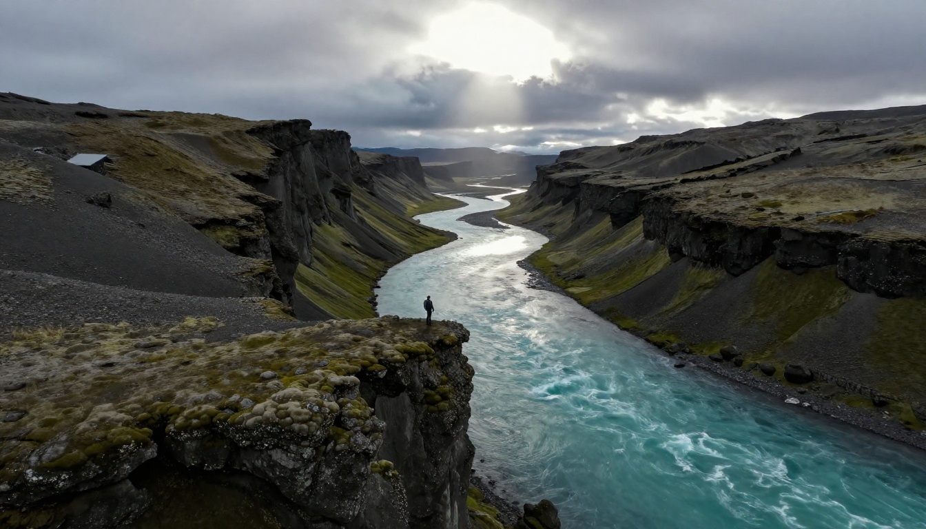 Aerial view of Iceland landscape with lone hiker standing on black volcanic cliff above turquoise glacial river