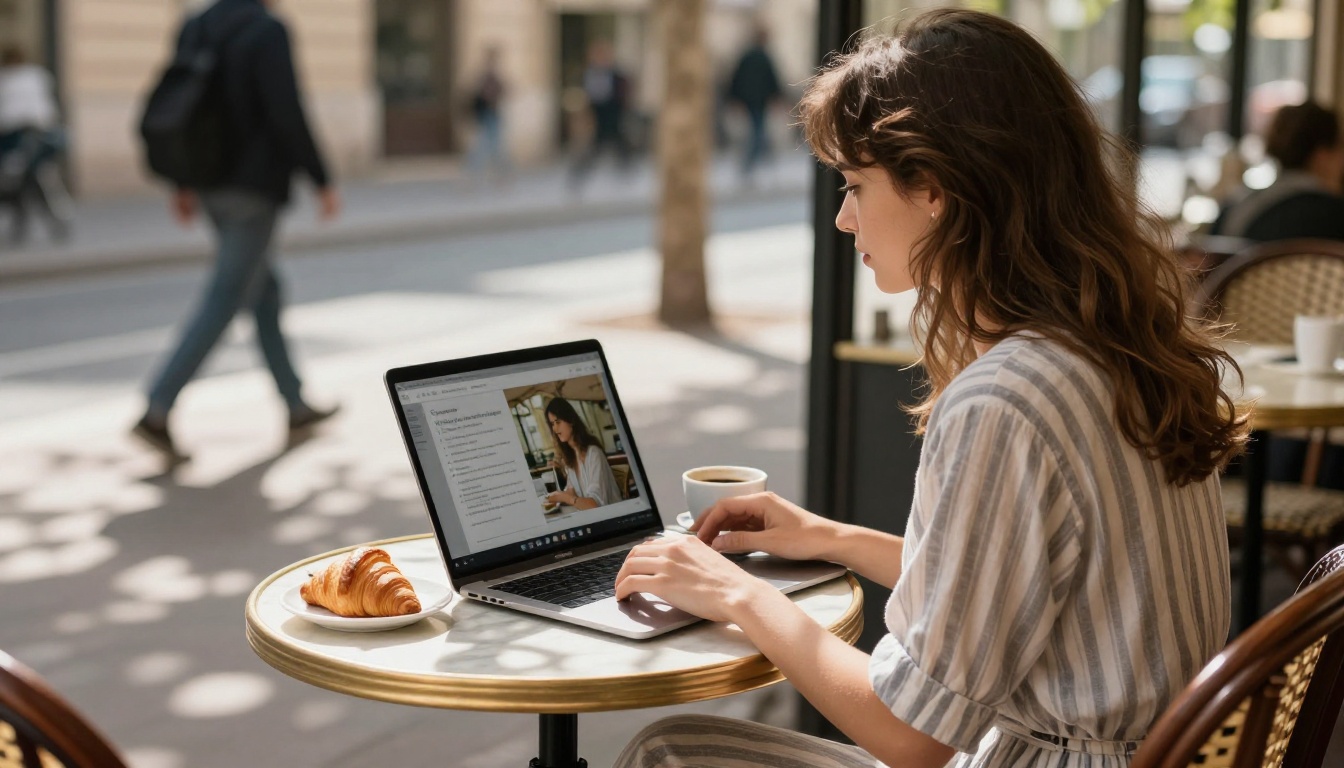 Young woman with brunette hair at a sunlit outdoor Parisian cafe, laptop open showing AI-generated image on screen