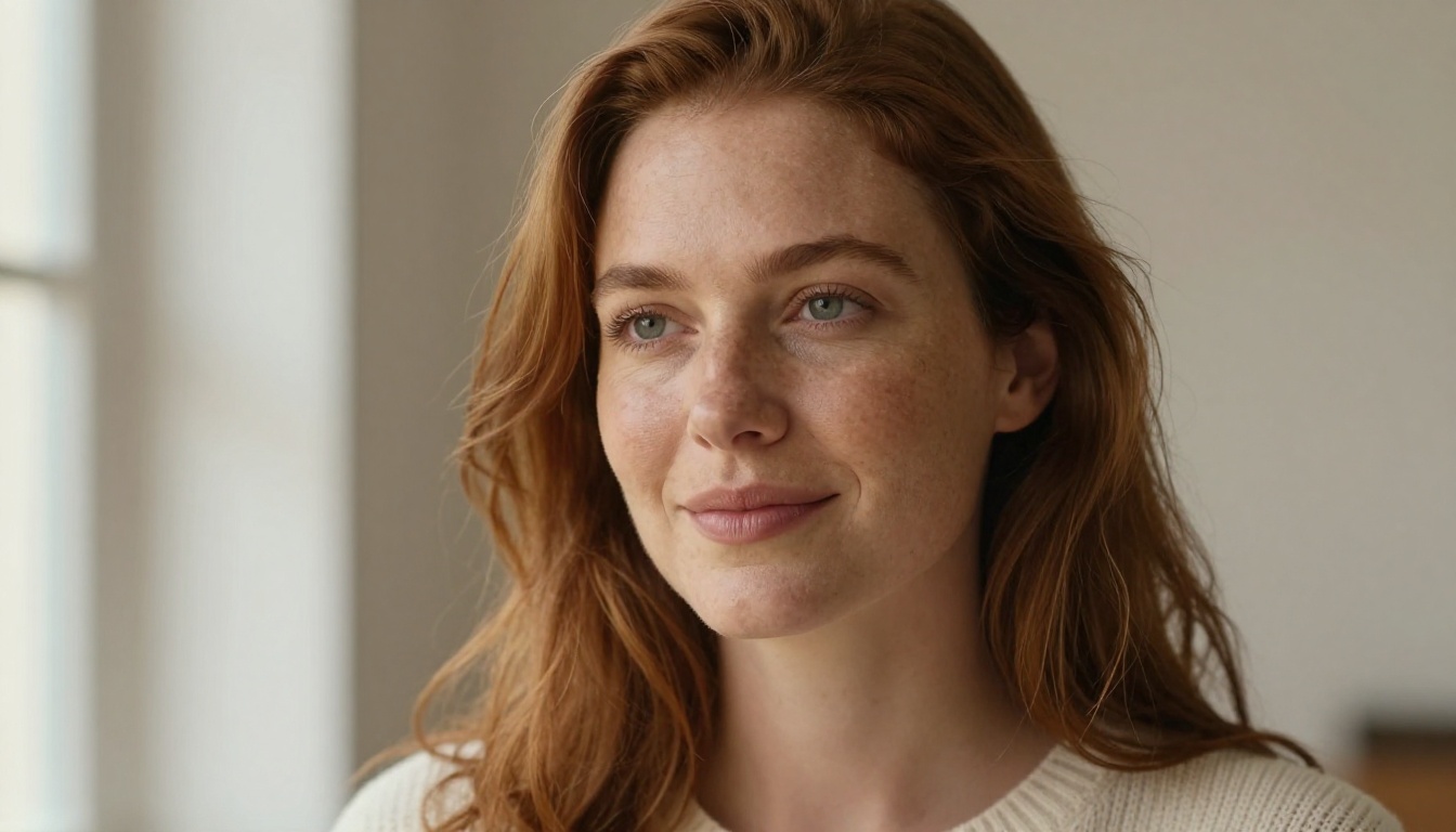 Close-up portrait of a confident woman with natural freckles and auburn wavy hair in soft morning window light