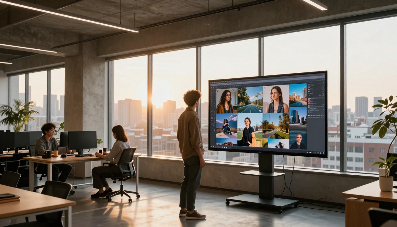 Creative agency team of three designers gathered around a large monitor reviewing a grid of AI-generated campaign images