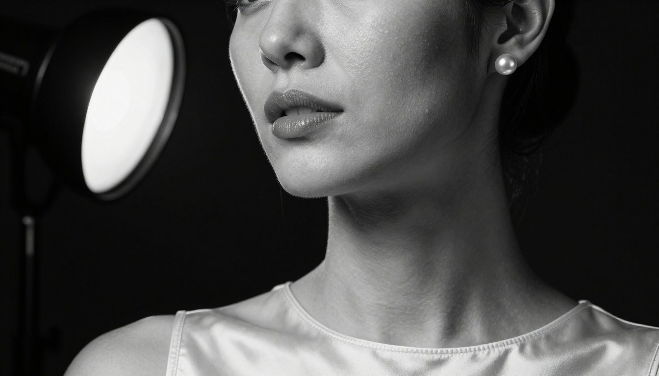 Close-up Rembrandt lighting studio portrait, extreme skin micro-texture detail, pearl earrings, dramatic black background Close-up Rembrandt lighting studio portrait, extreme skin micro-texture detail, pearl earrings, dramatic black background