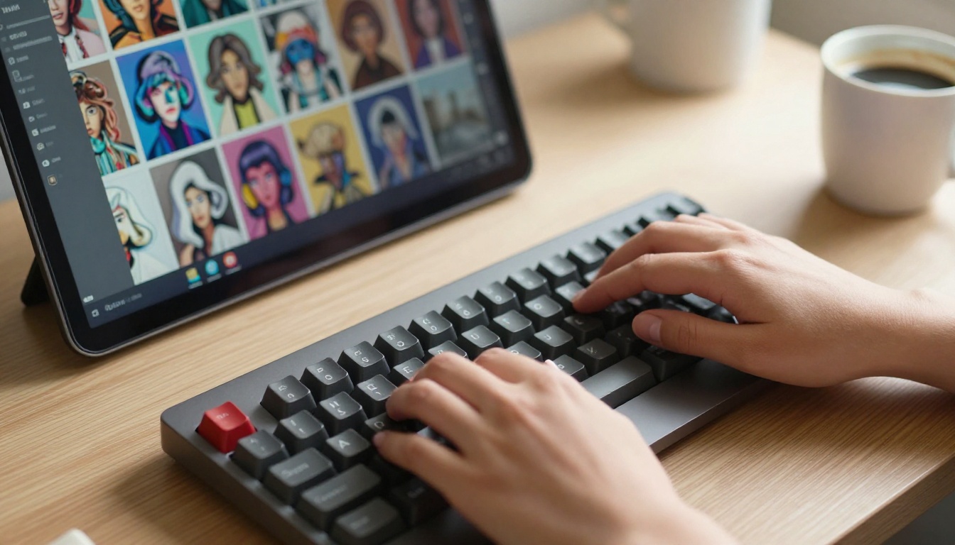 Hands typing a creative prompt on a mechanical keyboard, colorful AI-generated portrait gallery visible on laptop screen in the background Hands typing a creative prompt on a mechanical keyboard, colorful AI-generated portrait gallery visible on laptop screen in the background