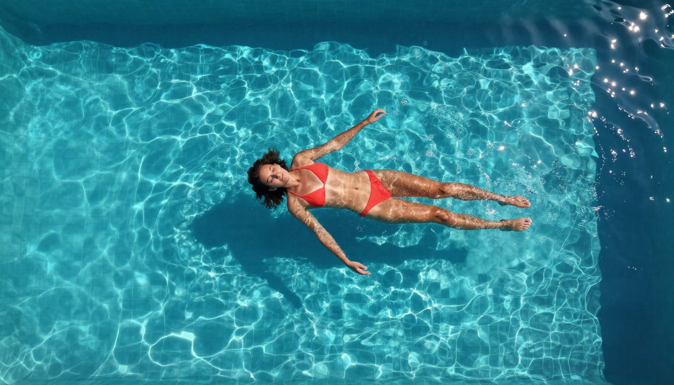 Aerial overhead drone view of woman in coral red bikini floating in turquoise luxury pool, geometric caustic light patterns across water Aerial overhead drone view of woman in coral red bikini floating in turquoise luxury pool, geometric caustic light patterns across water