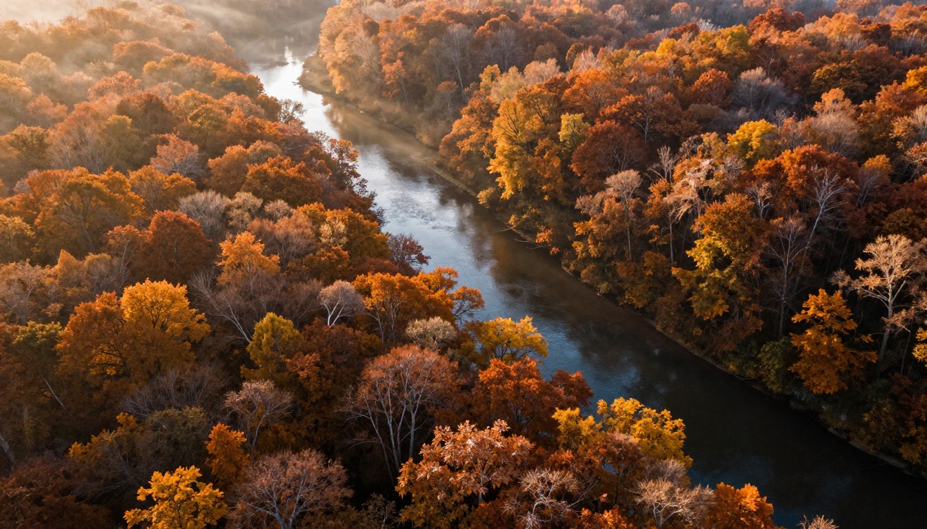 Aerial autumn forest canopy with winding river showcasing landscape generation quality