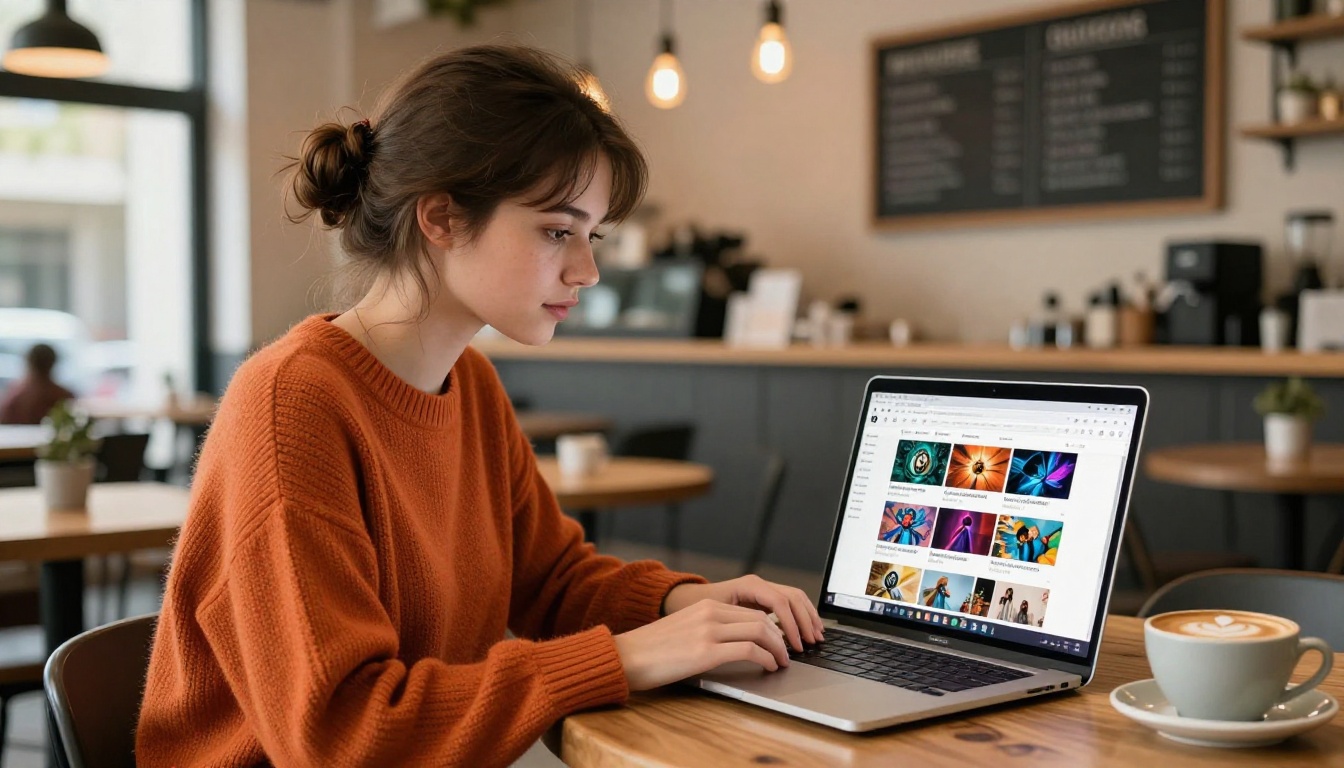 Woman at a coffee shop using a laptop to browse multiple AI art generator websites, warm Edison bulb ambiance Woman at a coffee shop using a laptop to browse multiple AI art generator websites, warm Edison bulb ambiance