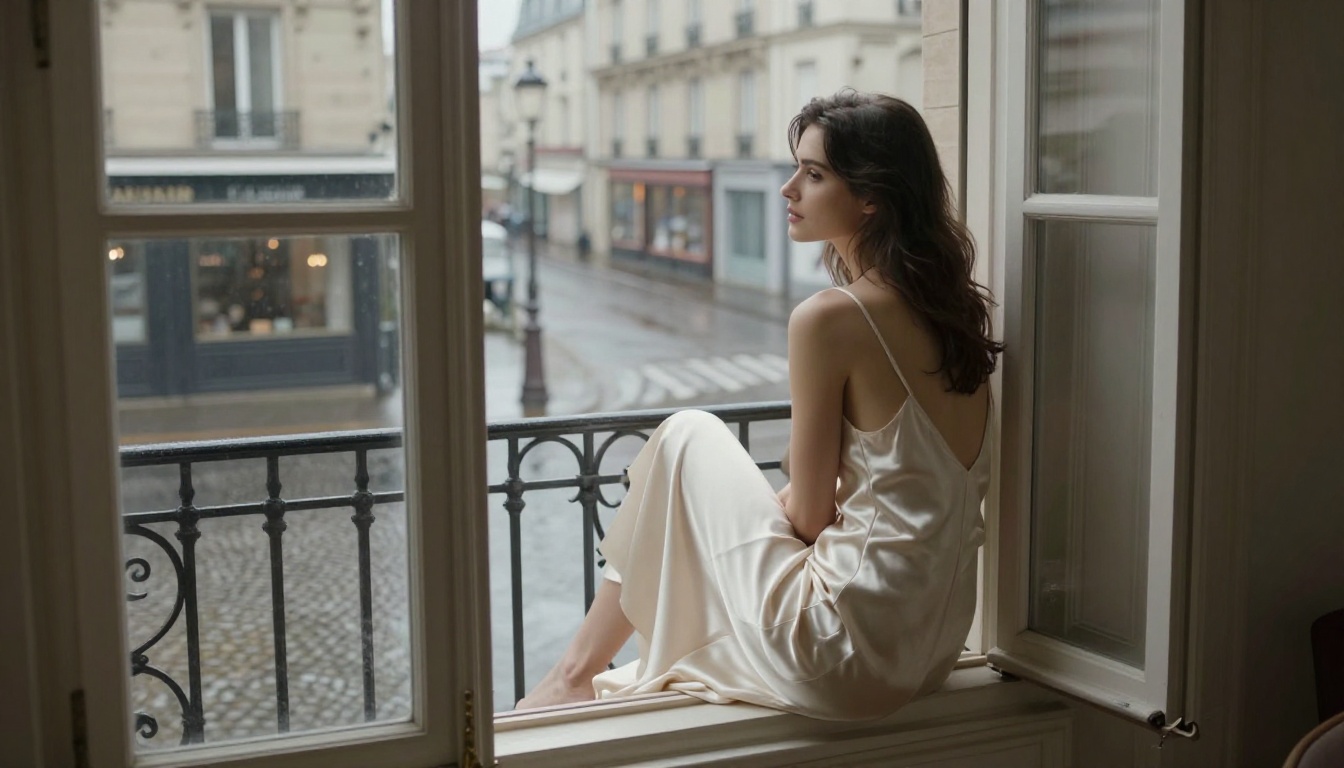 Woman in ivory satin slip dress on wide windowsill of Parisian apartment, rain-slicked cobblestones below, soft overcast daylight