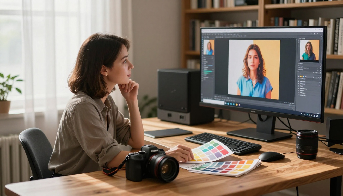 Woman at creative workstation reviewing AI-generated image comparisons on calibrated display