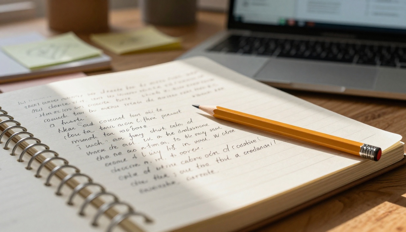 Open notebook on a wooden desk filled with handwritten AI image prompts and creative notes, morning light illuminating the paper texture Open notebook on a wooden desk filled with handwritten AI image prompts and creative notes, morning light illuminating the paper texture