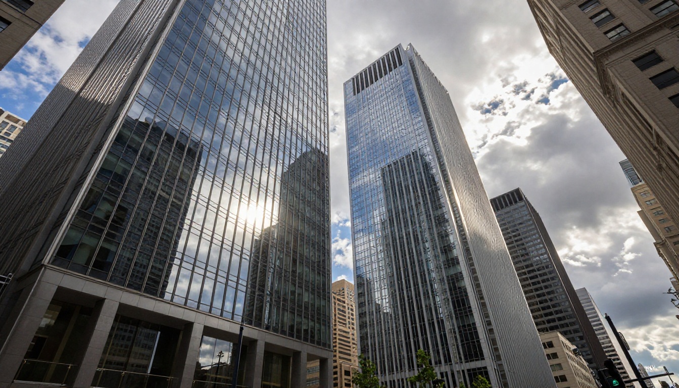 Low angle urban architecture with dramatic lens flare and glass skyscrapers