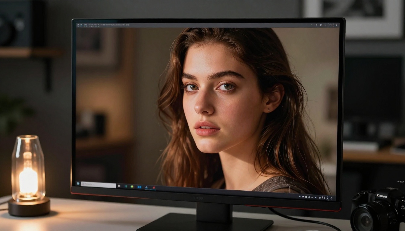 Large 4K monitor displaying a stunning AI-generated photorealistic portrait with dramatic Rembrandt lighting on the screen Large 4K monitor displaying a stunning AI-generated photorealistic portrait with dramatic Rembrandt lighting on the screen