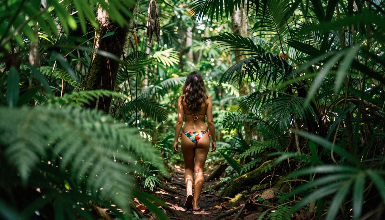 Woman in colorful tropical floral bikini walking narrow jungle rainforest trail, dappled canopy sunlight, lush tropical foliage bokeh