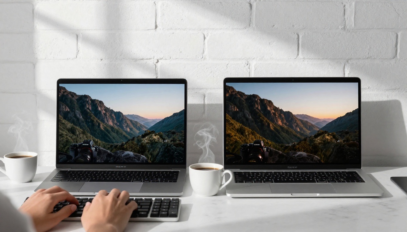 Two laptop screens showing side by side AI-generated image comparison on marble desk