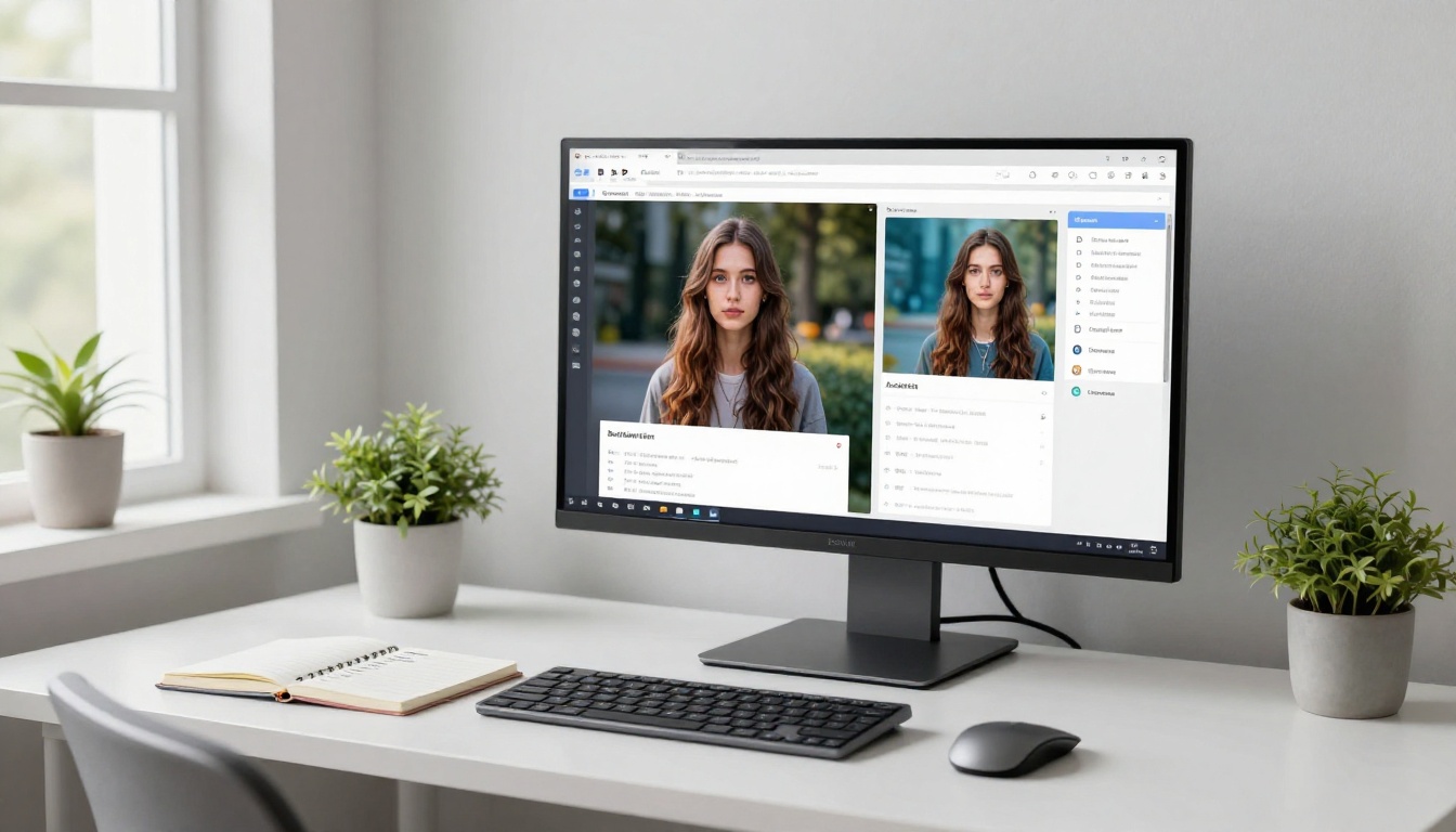 Modern home office with ultrawide monitor showing an AI image quality comparison interface, two generated images displayed side by side Modern home office with ultrawide monitor showing an AI image quality comparison interface, two generated images displayed side by side