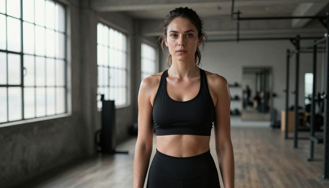 Woman in minimalist black sports bra in modern industrial gym, natural diffused daylight from large factory windows, documentary photography