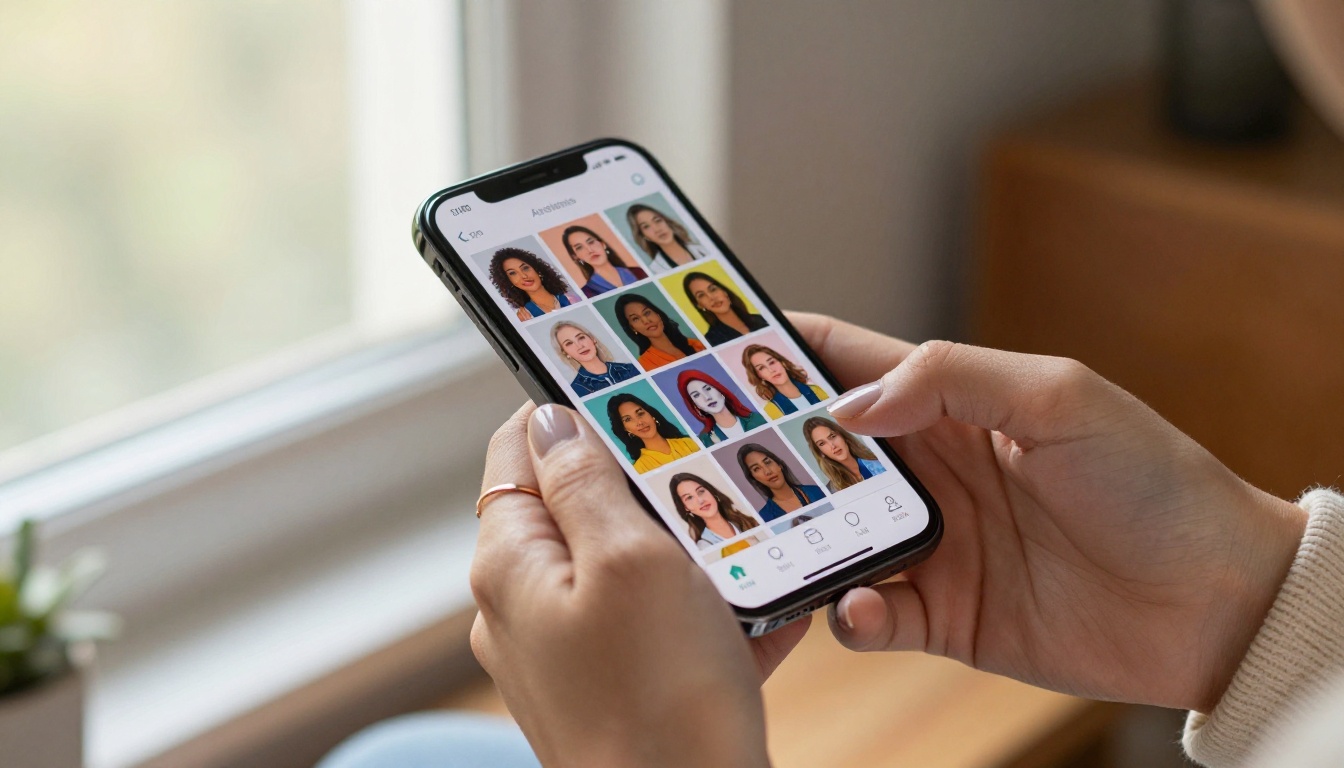 Woman's hands holding a smartphone displaying a mobile AI art generation app with a colorful 3x3 portrait gallery grid on screen