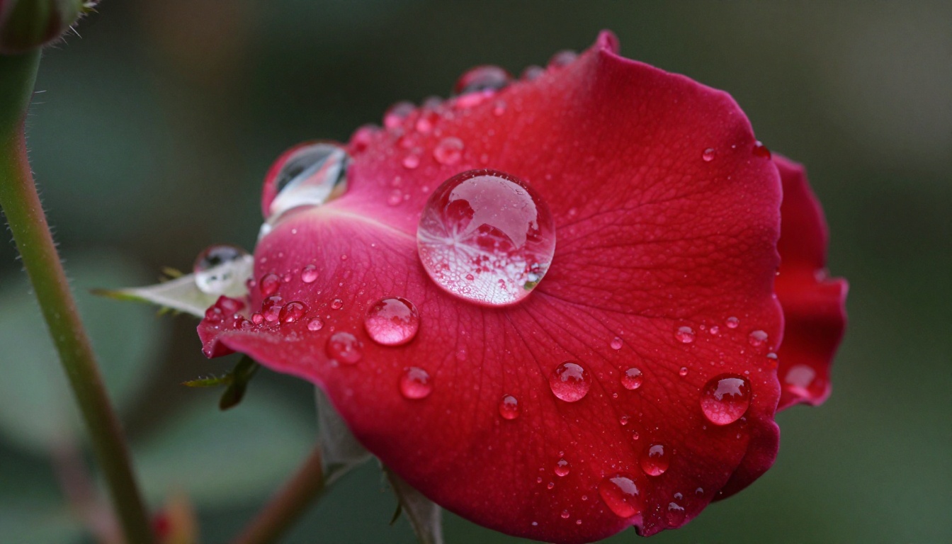 Macro photography of red rose with morning dew droplets showing fine surface texture detail