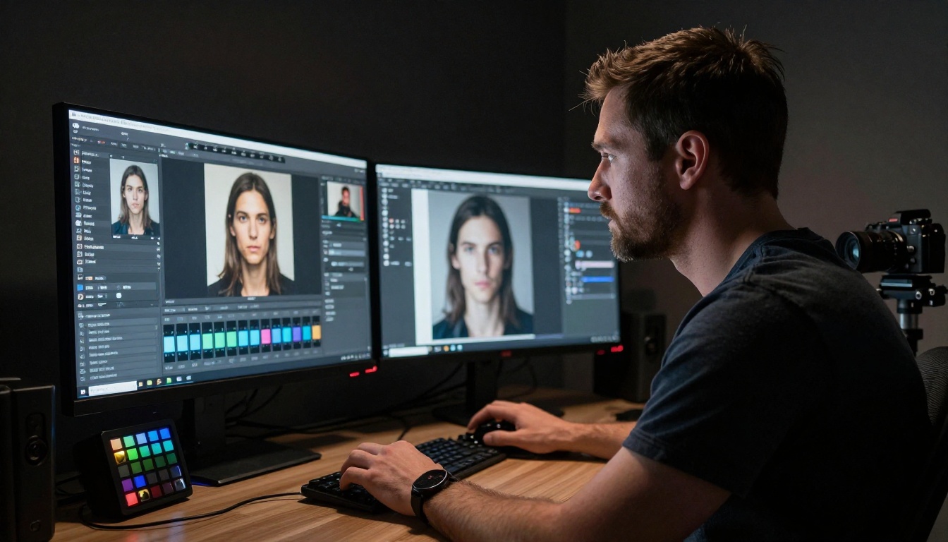 Male photographer at a professional workstation reviewing AI-generated reference images on dual monitors with dramatic chiaroscuro studio lighting