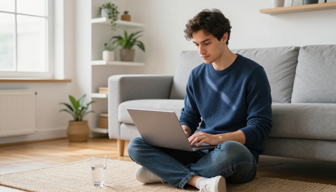 Man using laptop on modern sofa generating AI images in a bright contemporary apartment