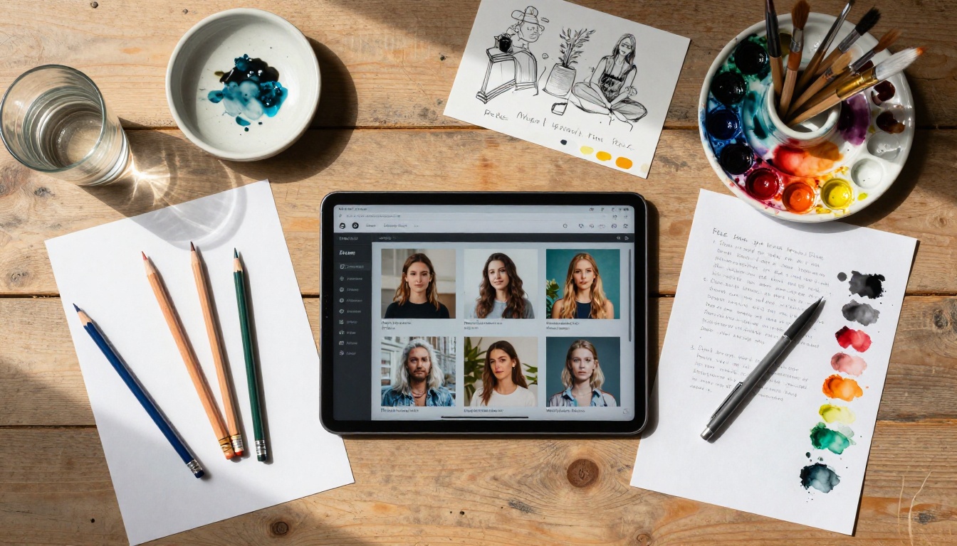 Overhead flat-lay of a creative workspace with tablet showing an AI image generation interface, surrounded by colored pencils, watercolor brushes, and printed AI artwork with handwritten notes in the margins