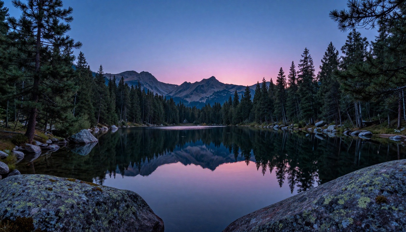 Panoramic alpine lake at blue hour reflecting indigo and magenta sky with mountain silhouettes
