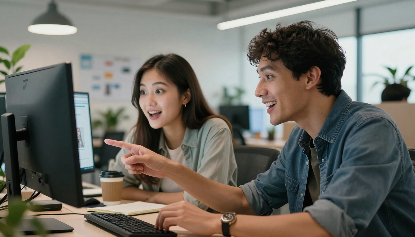 Two colleagues sitting side by side at a creative agency desk, both pointing excitedly at a monitor showing AI image generation results