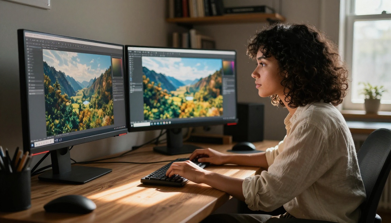 AI creator comparing outputs on dual monitors