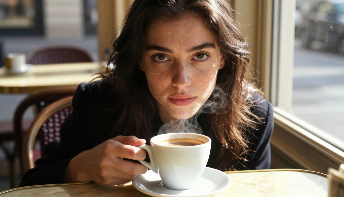 A woman at a Parisian cafe, morning light, photorealistic portrait