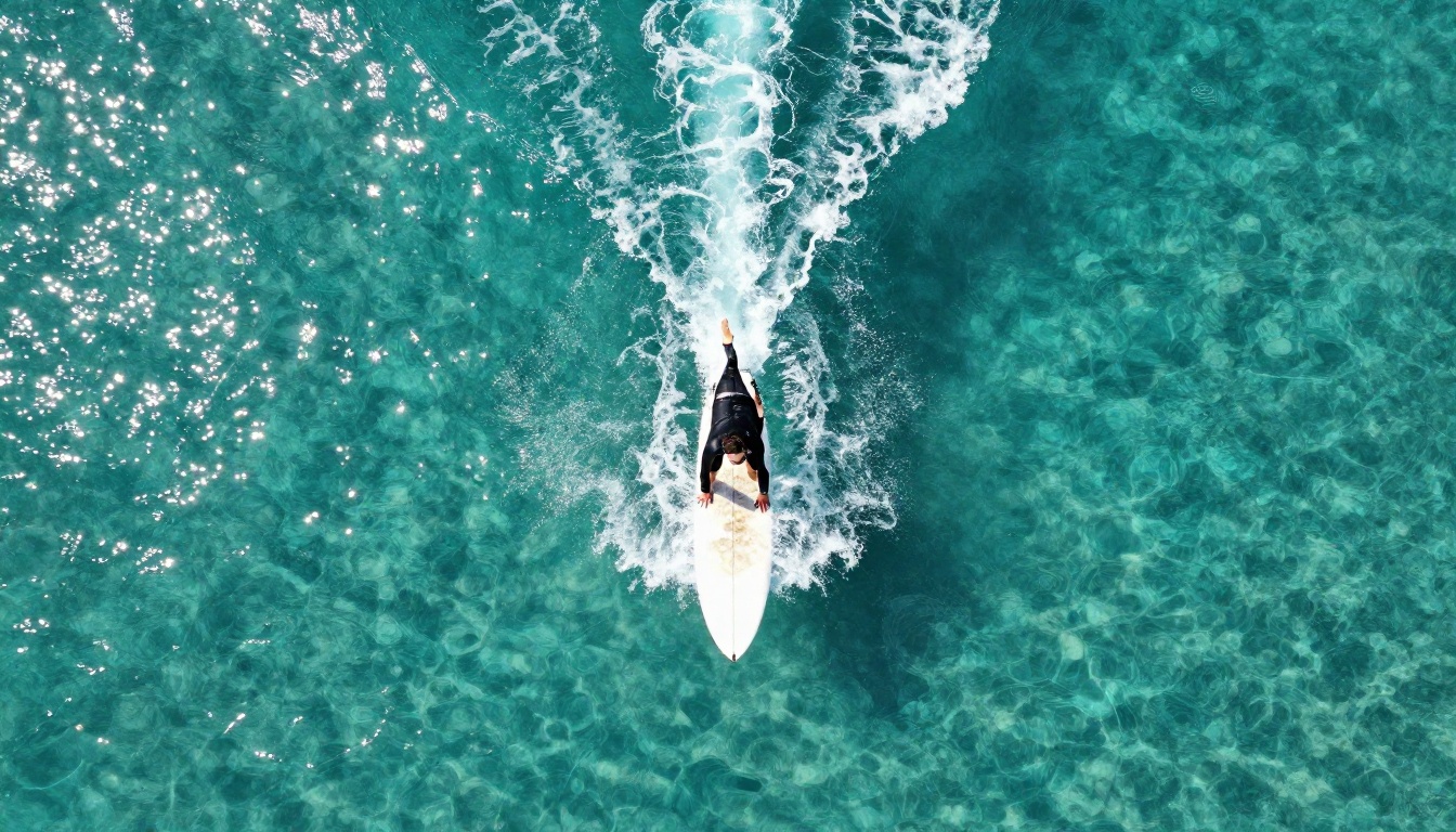 Aerial view of a surfer on the ocean, photorealistic drone shot