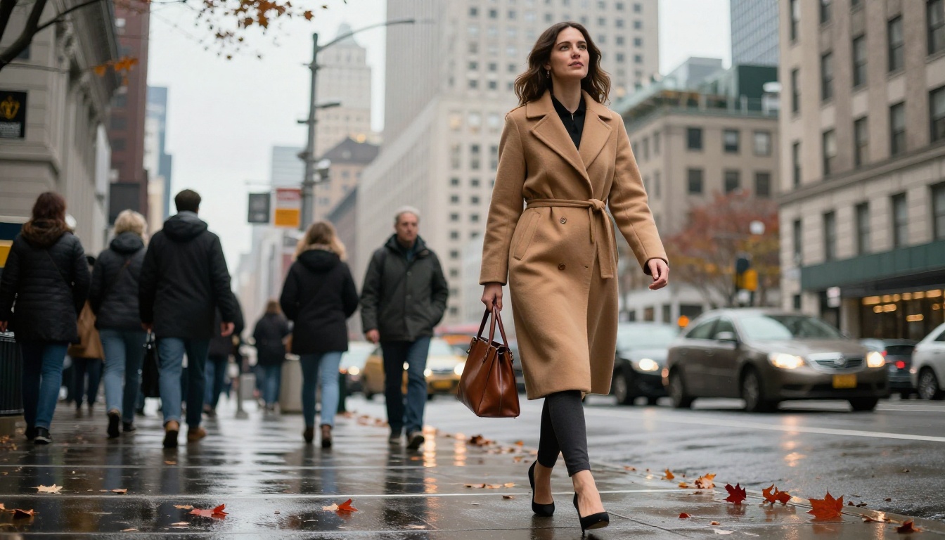 Low-angle street photography, woman in NYC, autumn light