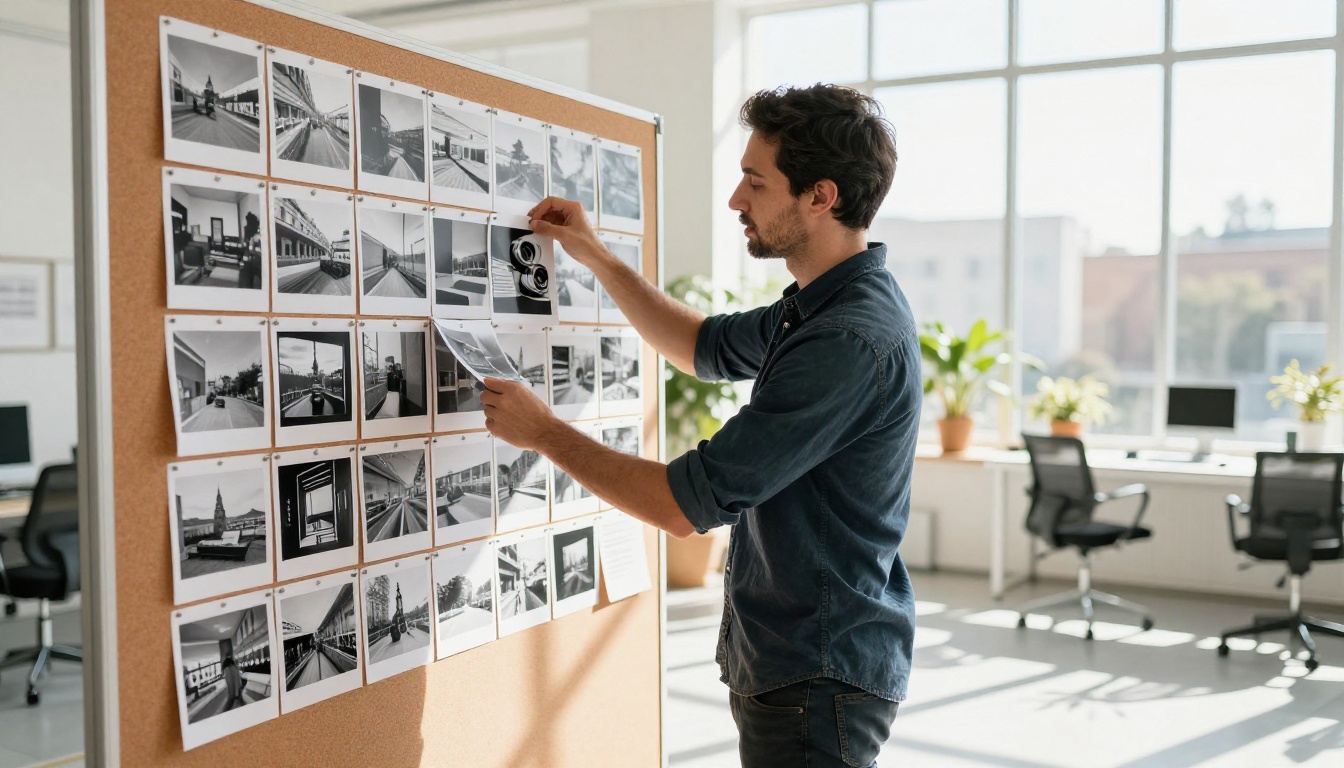 Creative professional reviewing AI-generated image outputs on cork board Creative professional reviewing AI-generated image outputs on cork board