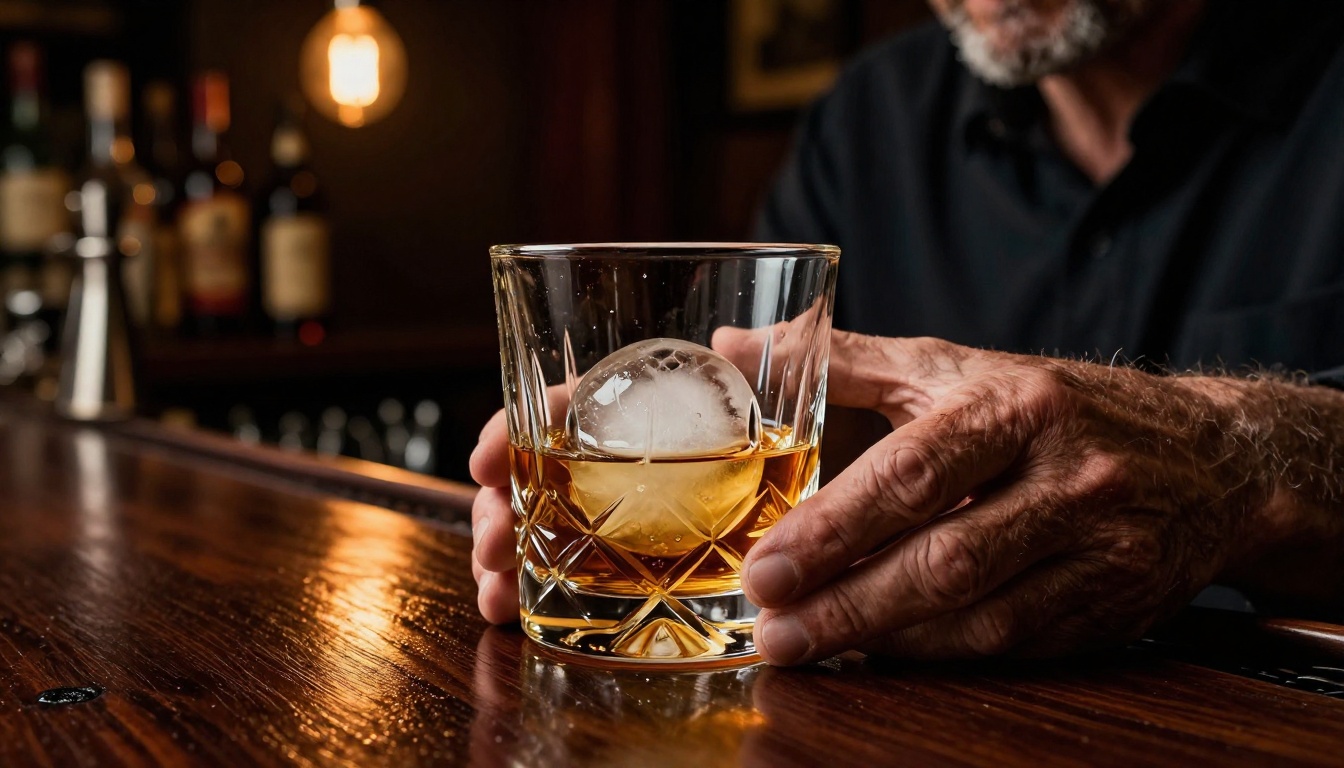 Man in a whiskey bar, moody low-key lighting, photorealistic