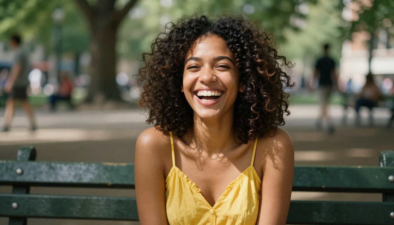 Young woman laughing in a city park, natural dappled light