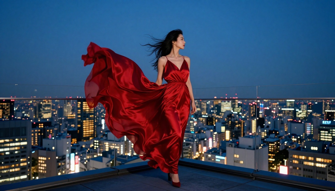 A woman in a red dress on a Tokyo rooftop at blue hour