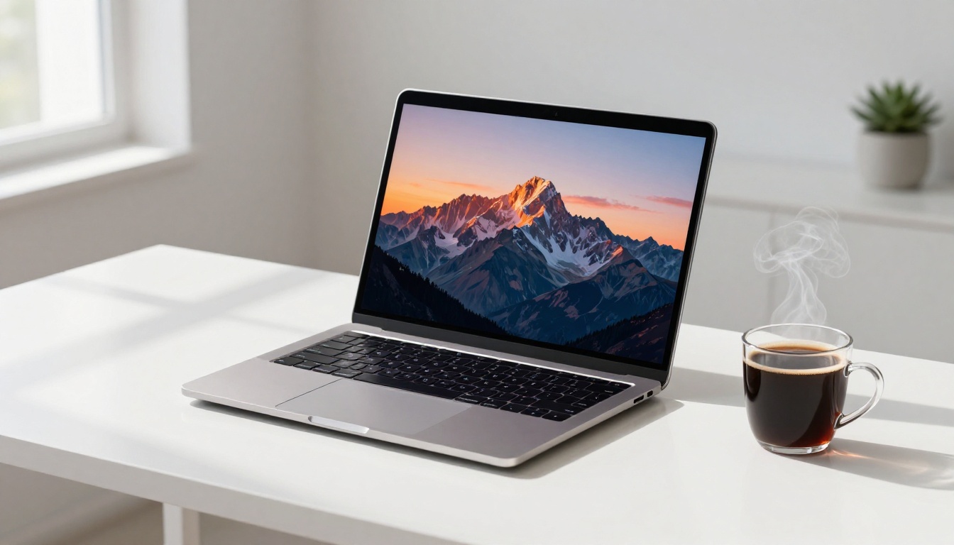 Laptop with AI image on screen, minimalist desk, morning light