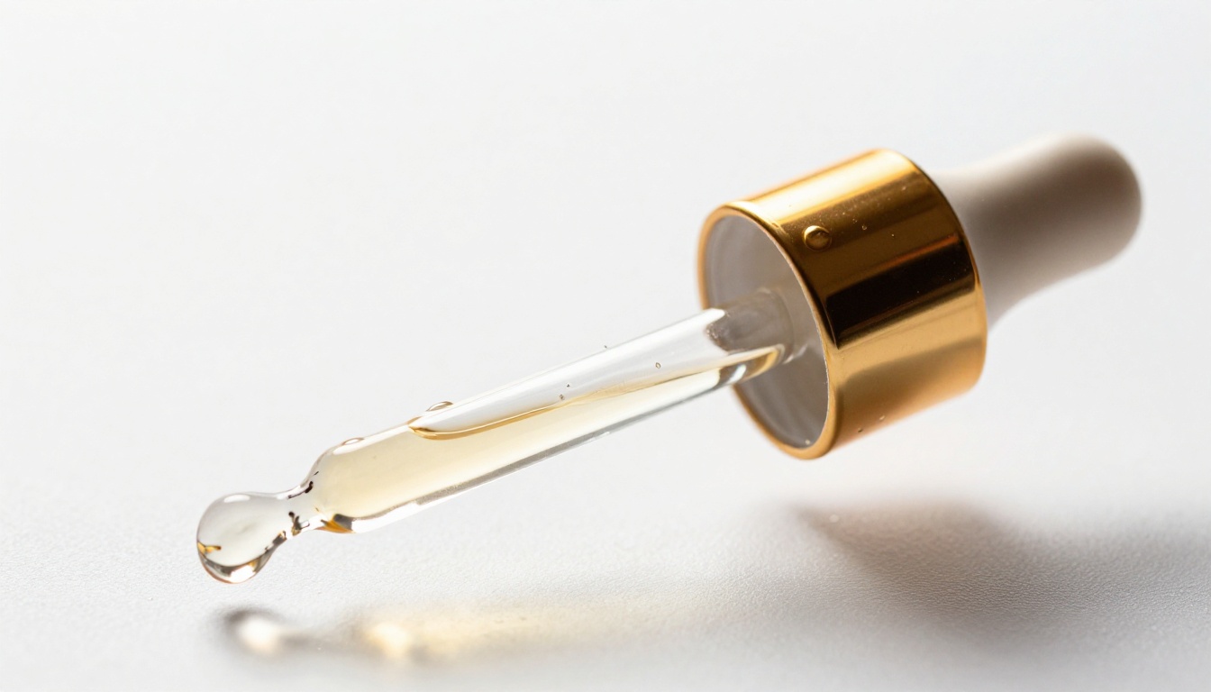 Luxury cosmetic serum bottle on white background, macro detail shot