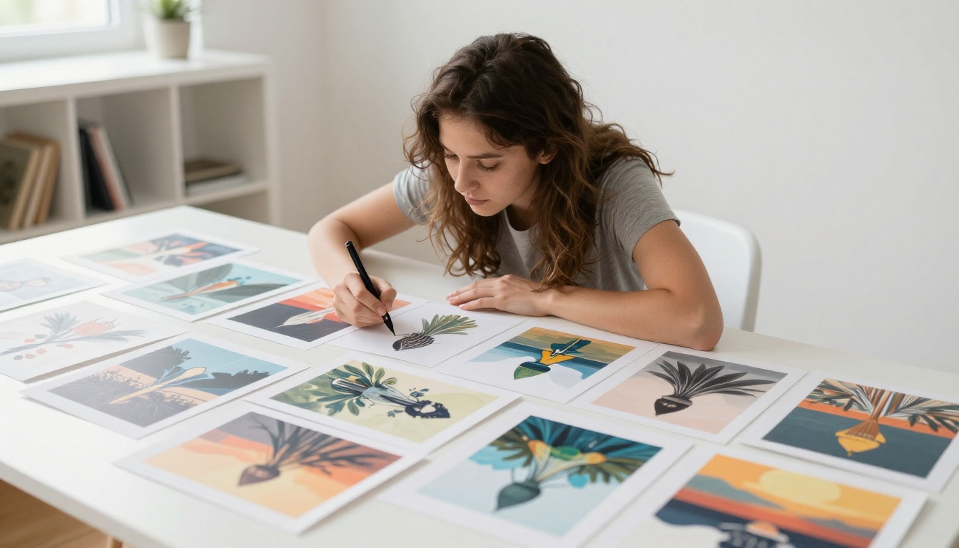 Creative professional comparing AI-generated prints spread on a white desk