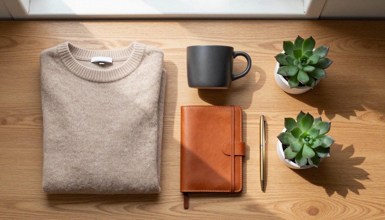 Aerial flat-lay of premium e-commerce products on wooden surface