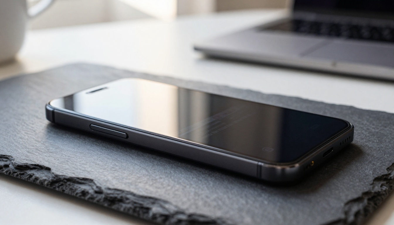 Low-angle hero shot of premium smartphone on slate surface