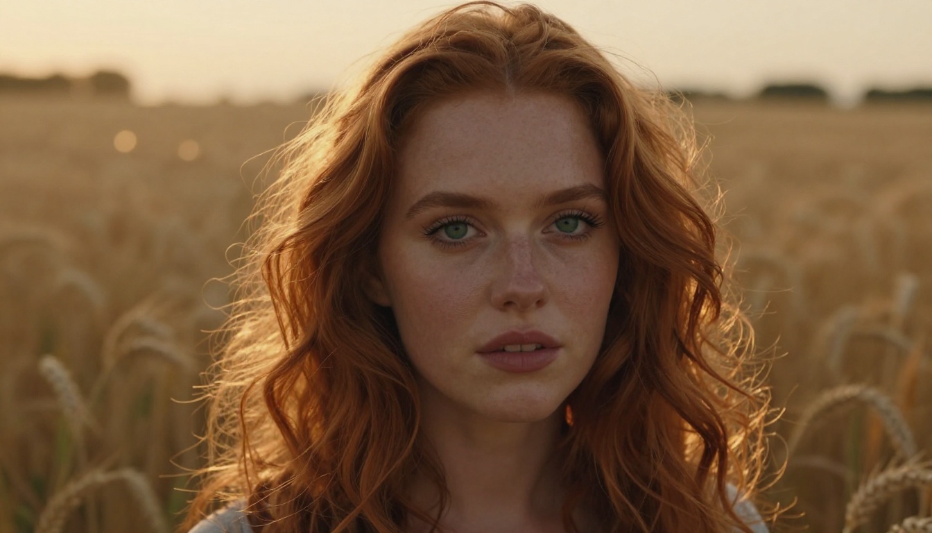 Photorealistic portrait of a woman in a wheat field at golden hour, illustrating fine skin and hair detail