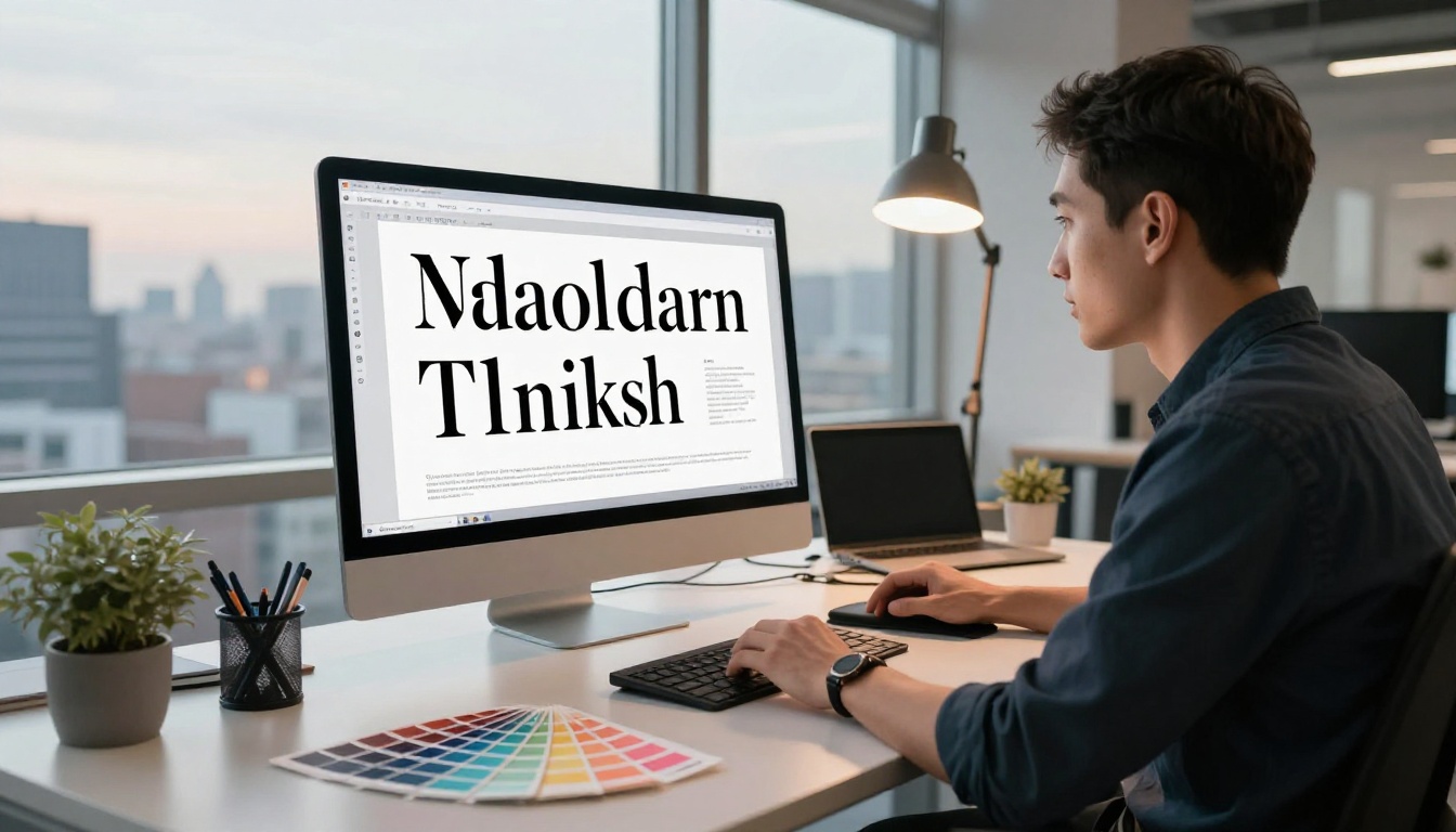 Graphic designer working on typography at a large studio monitor